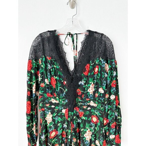 NWT Anthropologie Lacy V-Neck Mini Dress 8 Black Floral Long Sleeve Fit & Flare - Picture 7 of 12